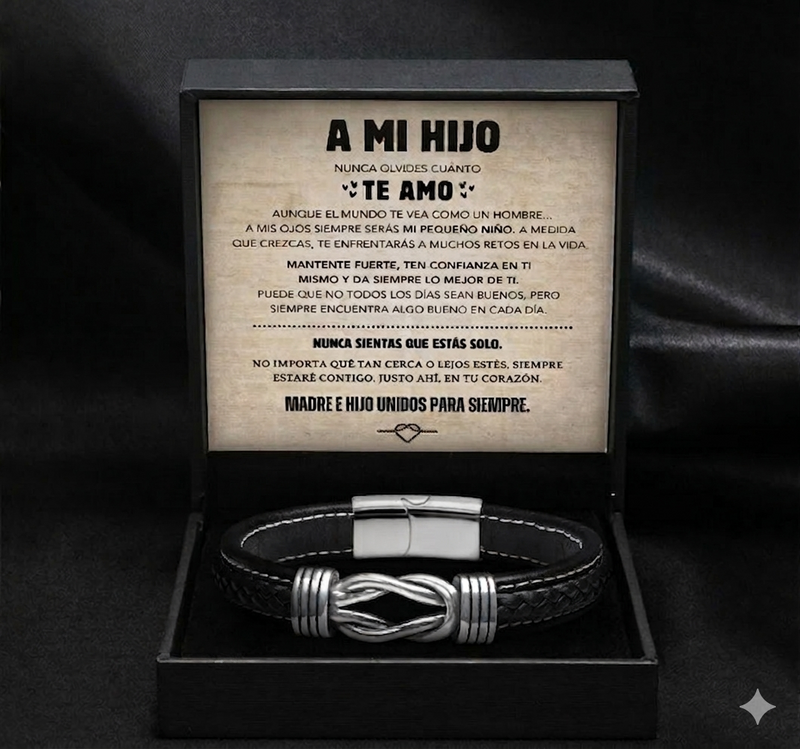 "A MI HIJO" | UNIDOS PARA SIEMPRE | BRAZALETE DE CUERO NUDO INFINITO™