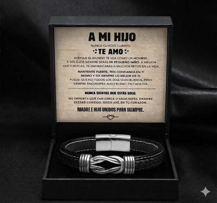 "A MI HIJO" | UNIDOS PARA SIEMPRE | BRAZALETE DE CUERO NUDO INFINITO™